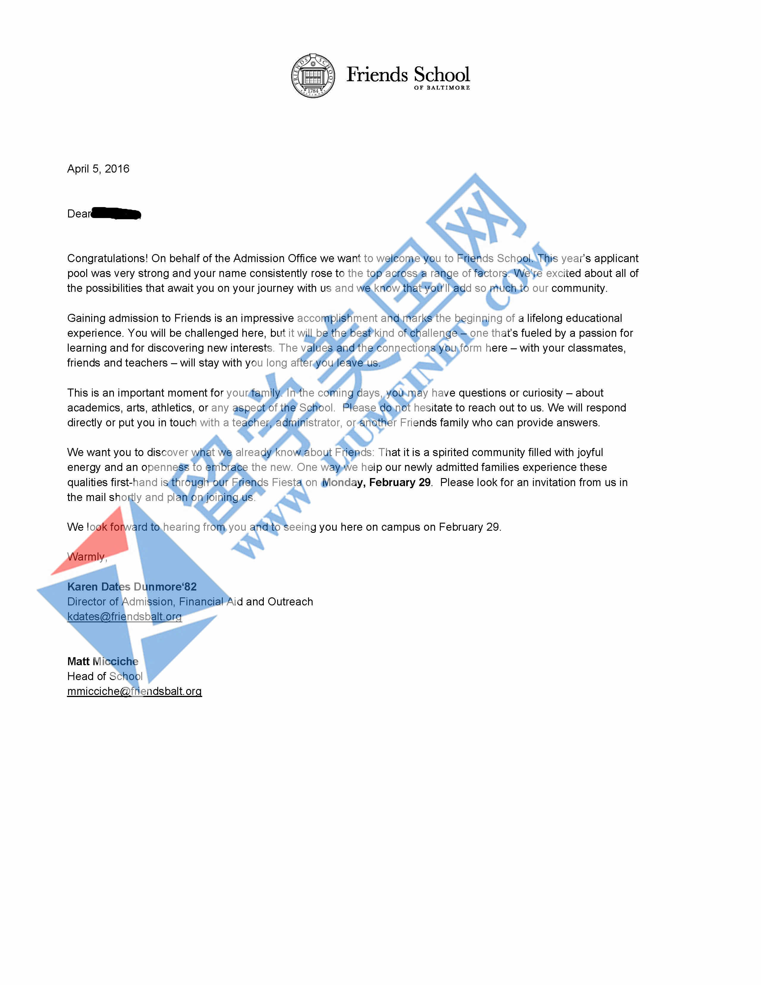 恭喜王同学获得巴尔的摩贵格会学校offer